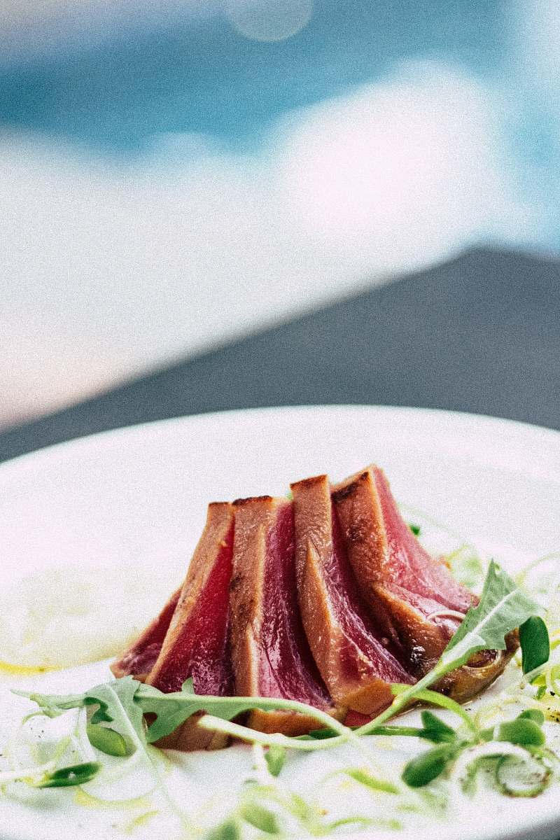 meal roasted meat served on ceramic plate plate