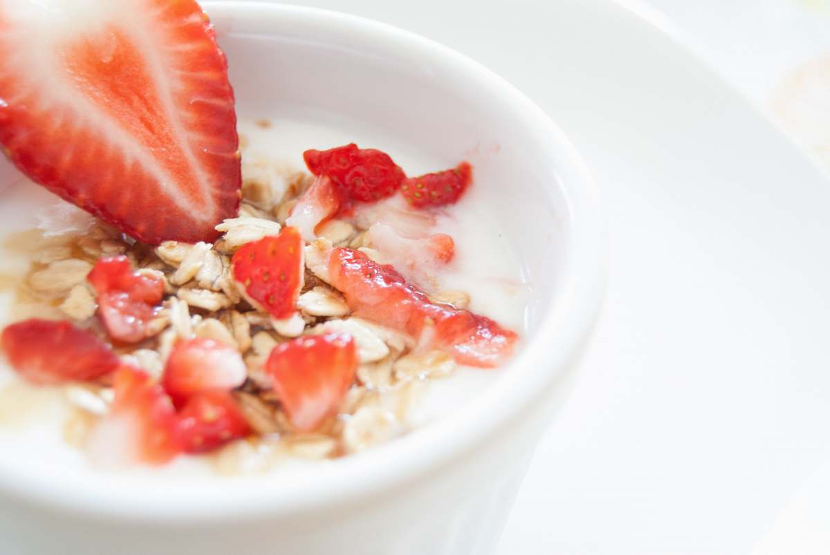 strawberries sliced strawberry in mug with flakes breakfast
