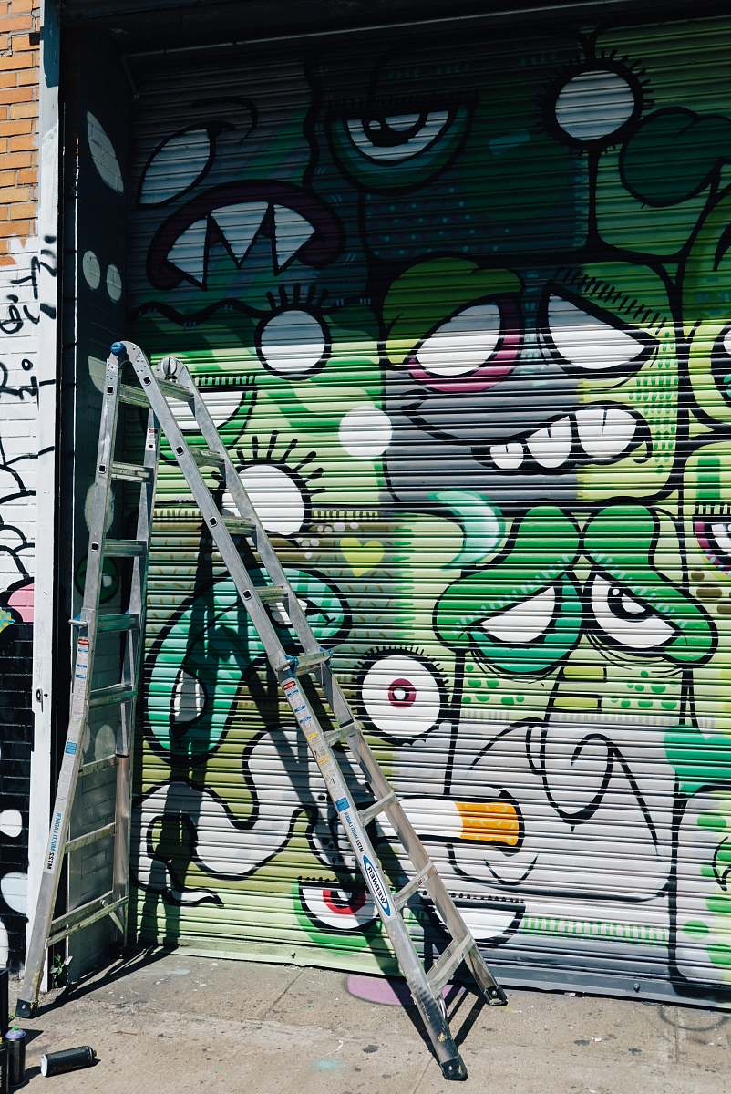 art gray multi-position ladder on front of painted roller shutter mural