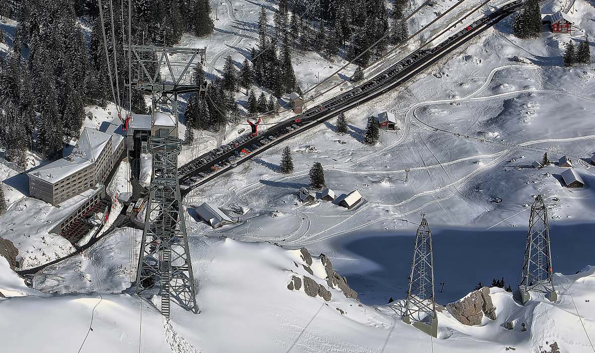 snow aerial photo of snow terrain near railway during daytime switzerland