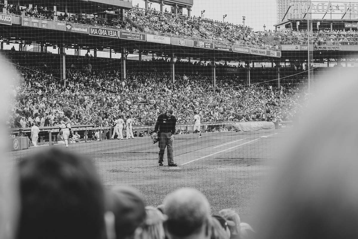black-and-white grayscale photography of people playing baseball crowd