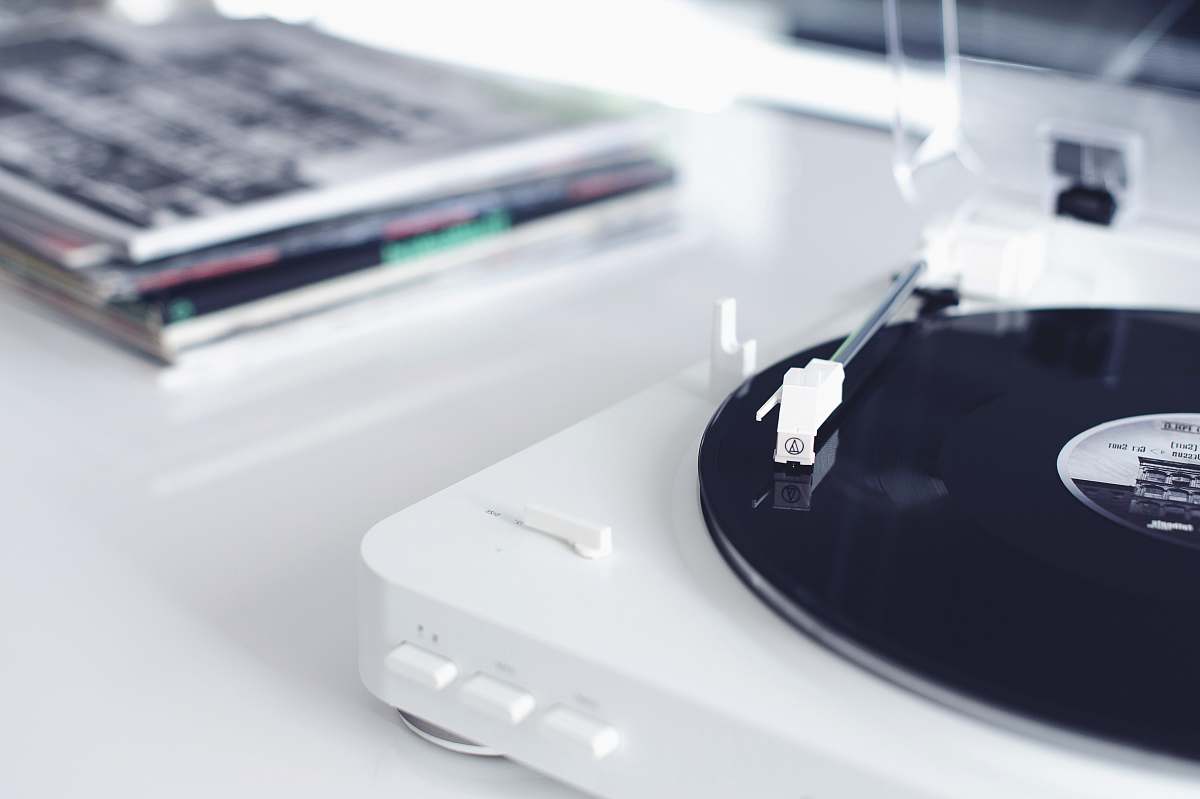 indoors white and black portable turntable electronics