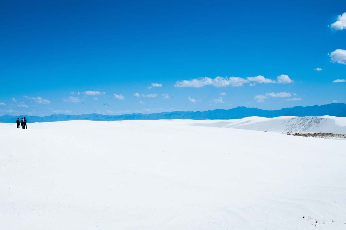 blue three person standing on snowfield snow
