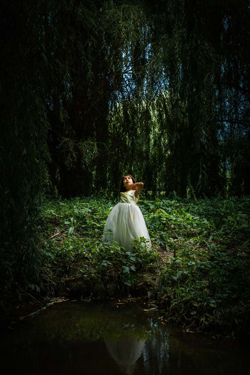 human woman on woods wearing white dress person