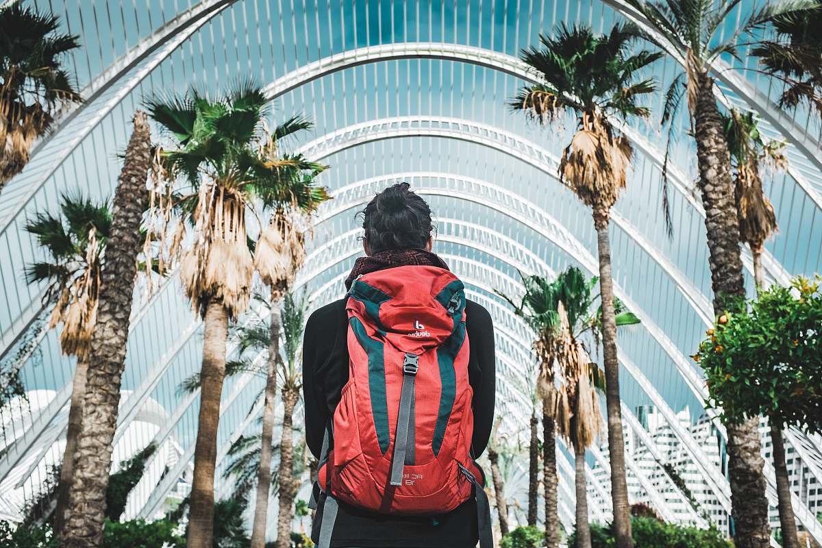 people man carrying backpack looking at palm trees during daytime human