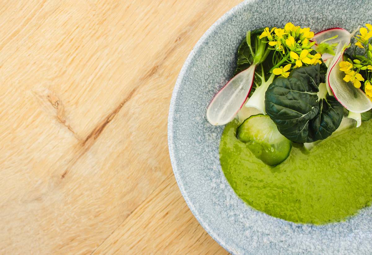 food dish on gray ceramic bowl vegetable