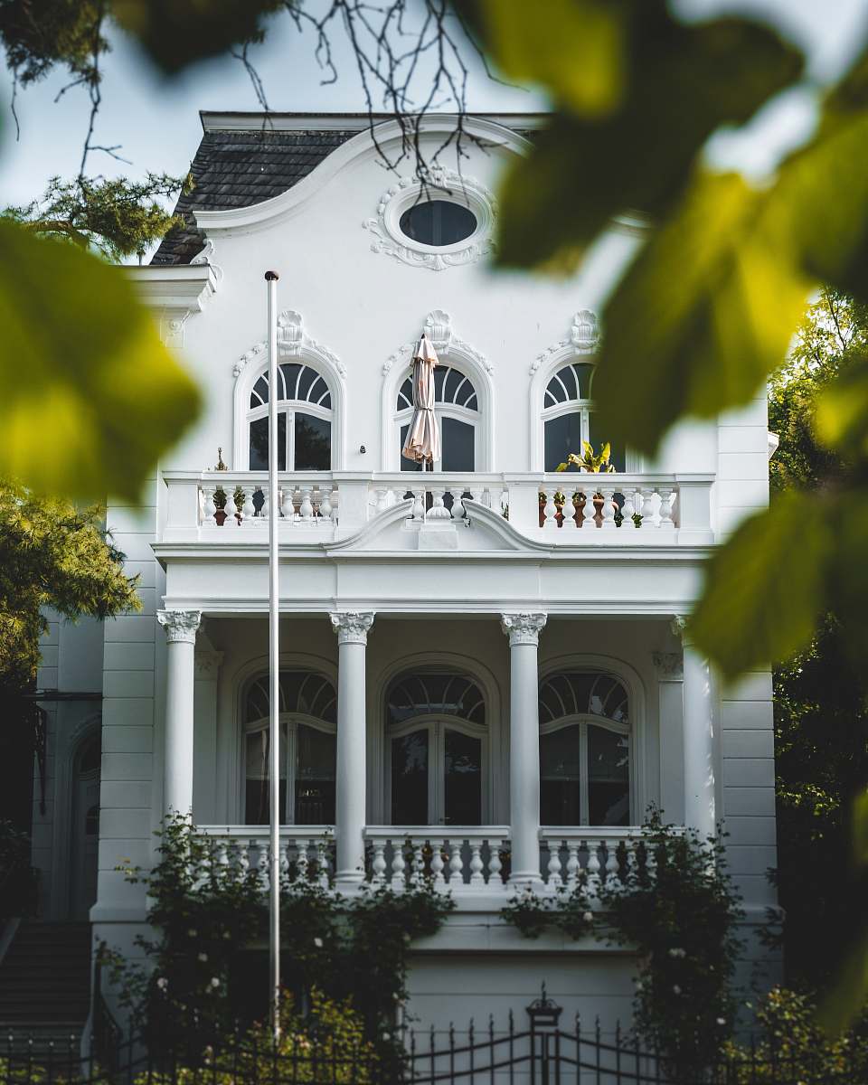 building trees beside white buildings architecture