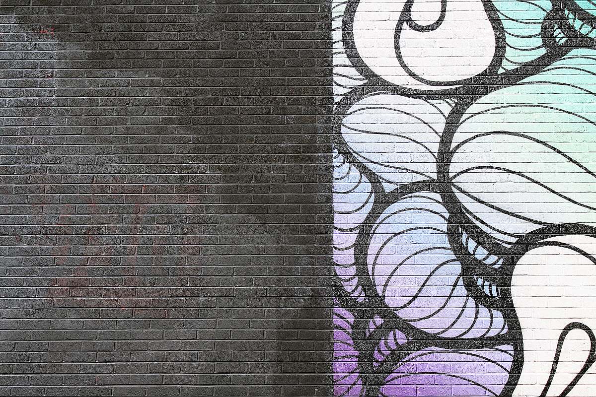 brick black, white, and purple abstract artwork wall