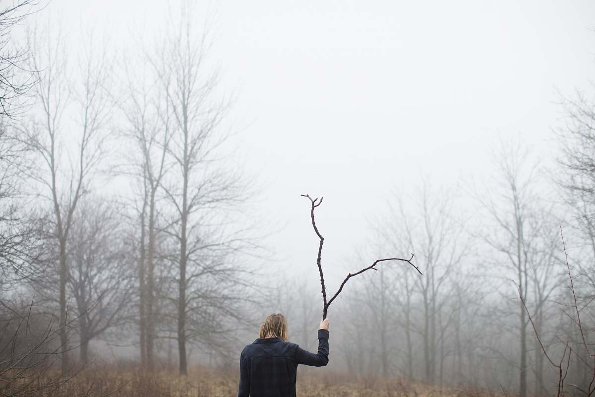 fog person holding driftwood forest