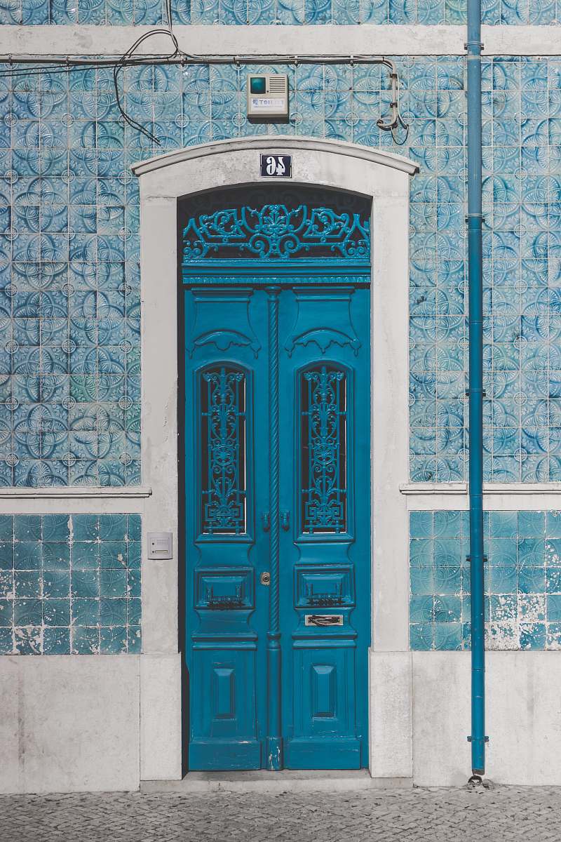 door blue wooden door closed with 46 sign portugal