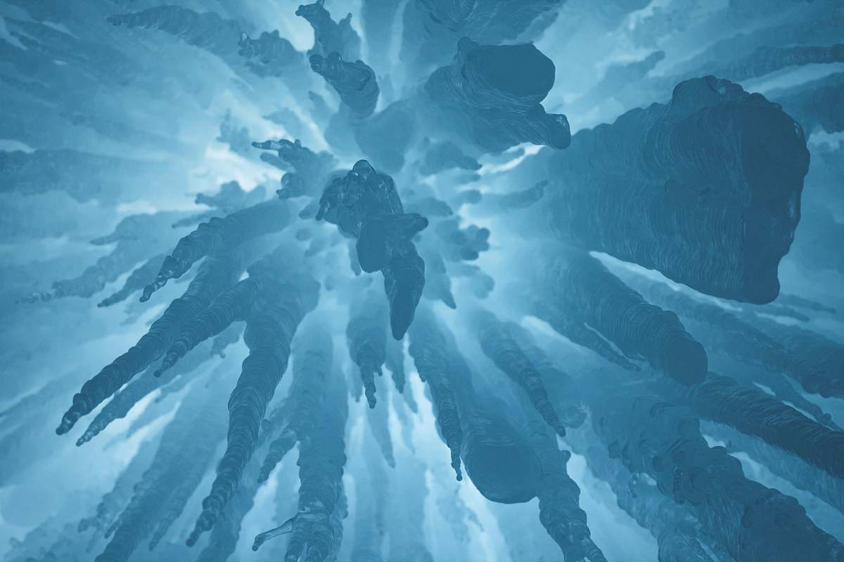 Explore the mesmerizing beauty of nature with this stunning low-angle view of stalactites, gracefully hanging from above, set against a captivating blue background featuring a large circular abstract design. This image is perfect for use in environmental articles, travel brochures, or any creative project seeking to convey the enchanting allure of natural formations and their artistic representations.