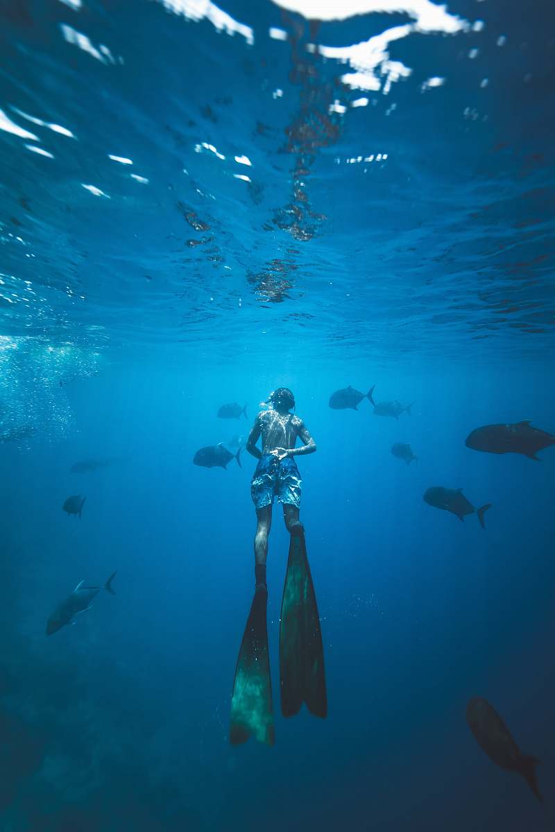 human person in white shorts and pair of flippers swimming under water person