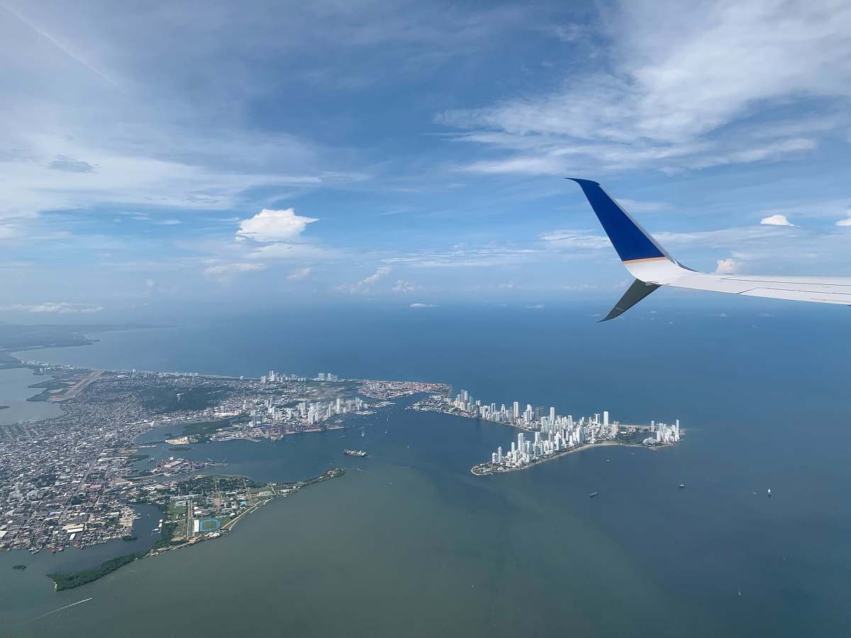 outdoors photo of white and blue airplane wing nature