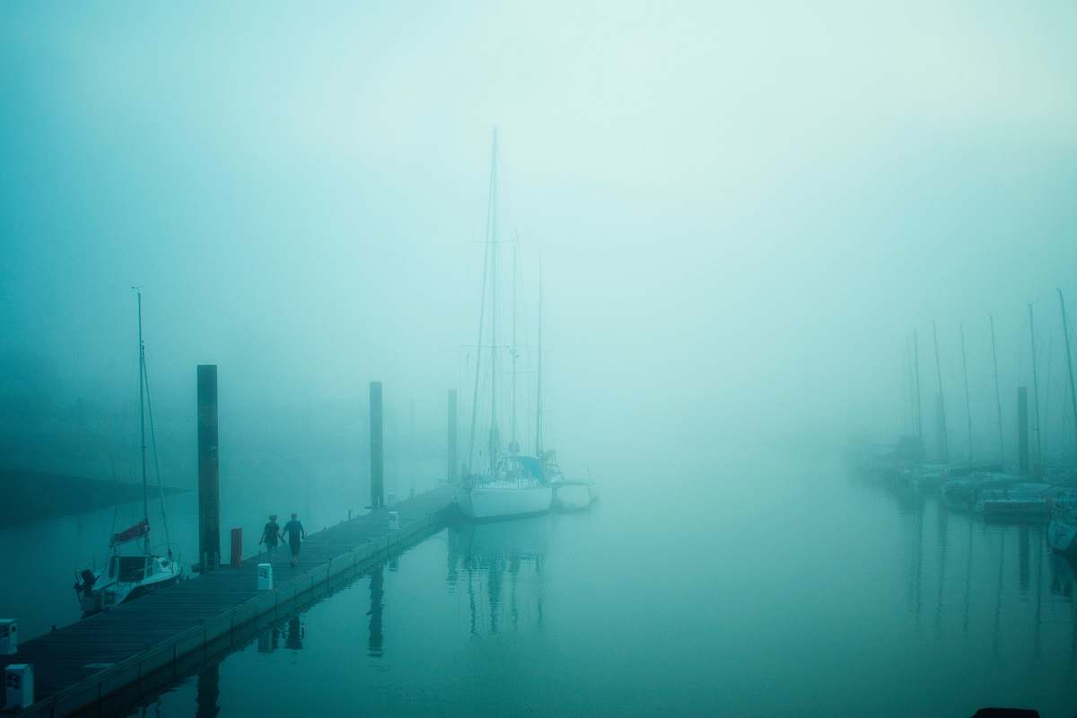 fog two person waling along brown wooden boat dock cover by mist foggy
