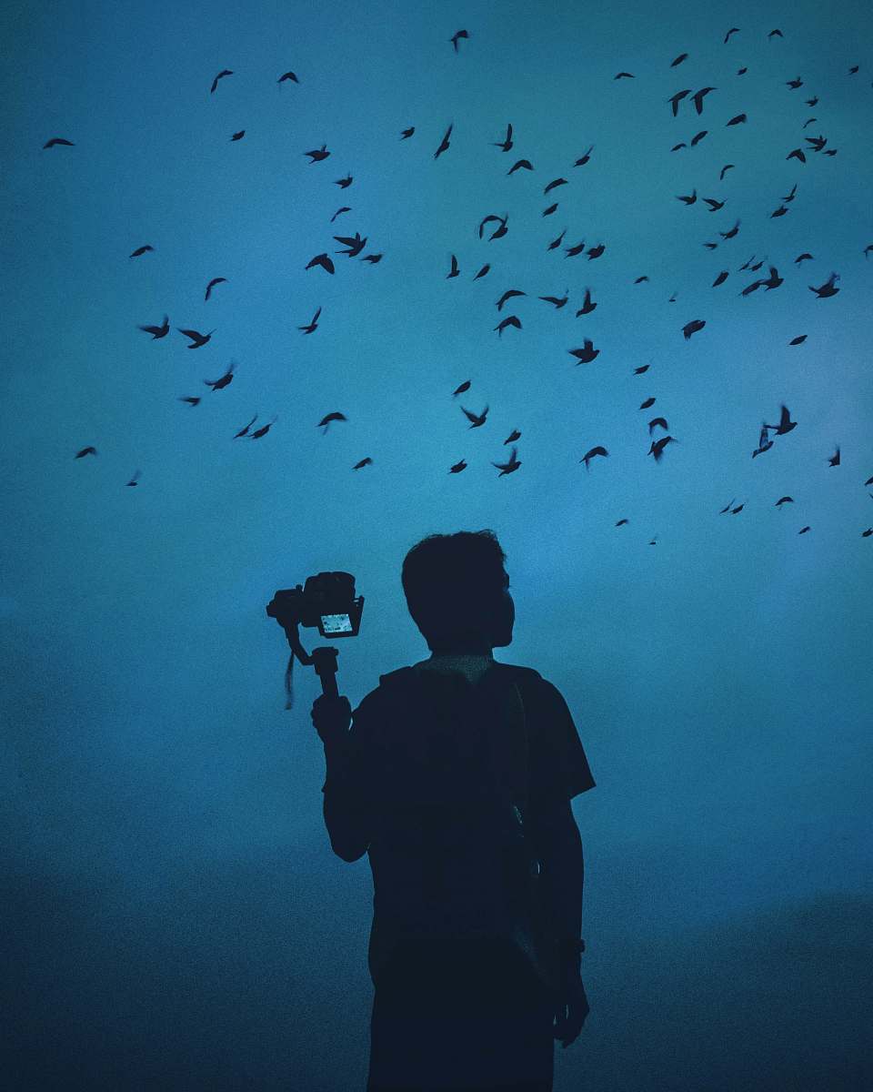 person person holding camera blue