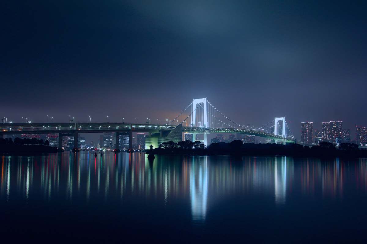 building view of bridge at night city