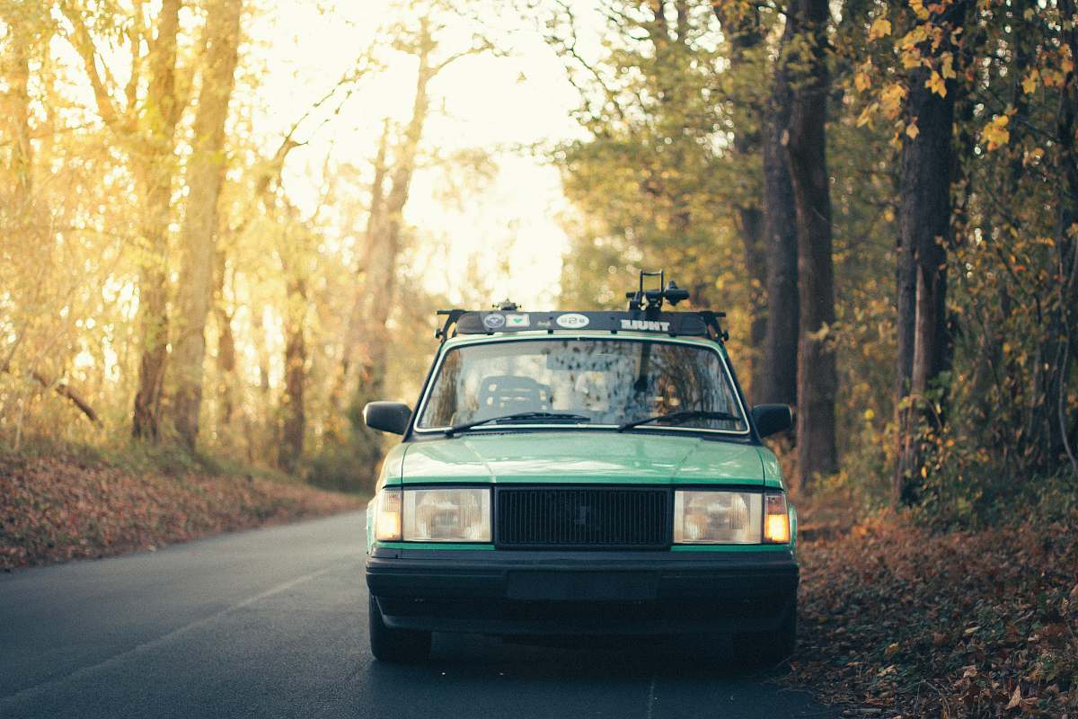 automobile green car surrounded by trees vehicle