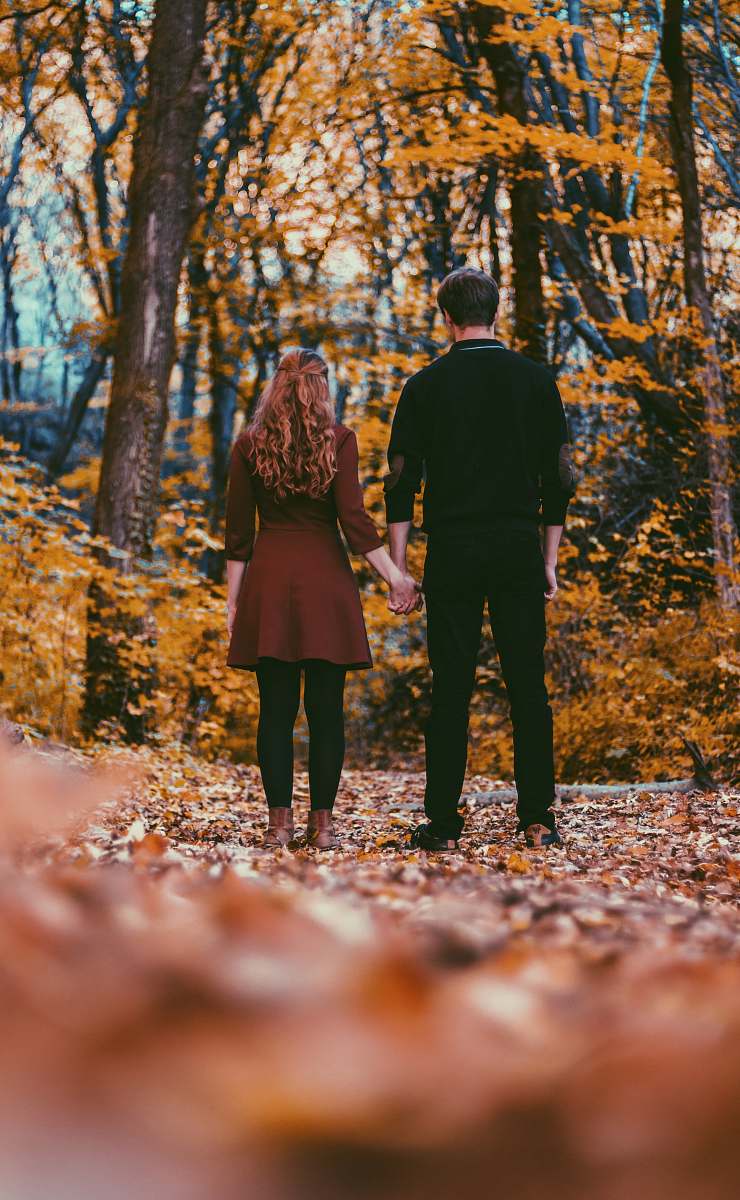 person man in black long-sleeved shirt holding woman hand near trees during daytime people
