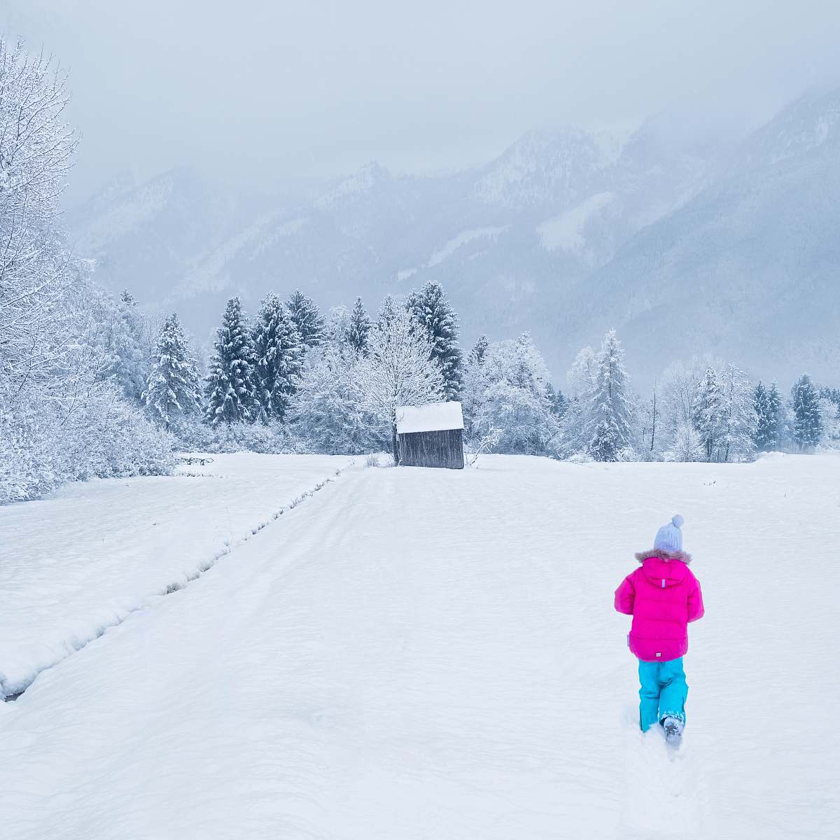 person person in purple jacket walking towards cabin snow