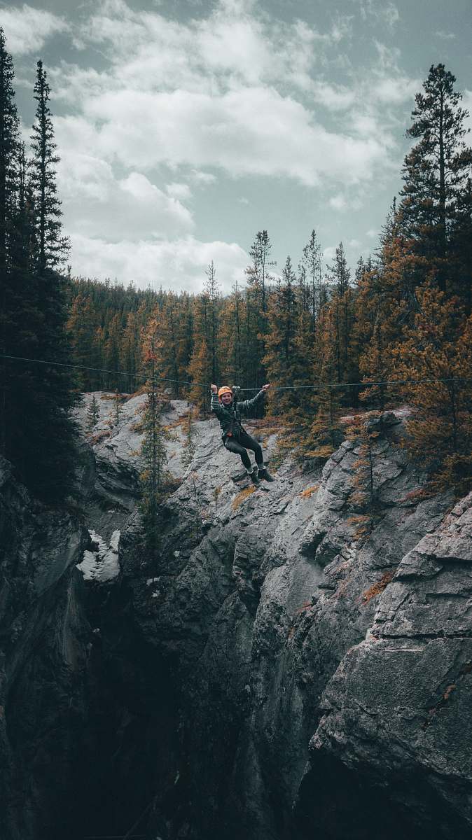 tree person climbing on rope bridge surrounded with tall and green trees under white cloudy skies plant