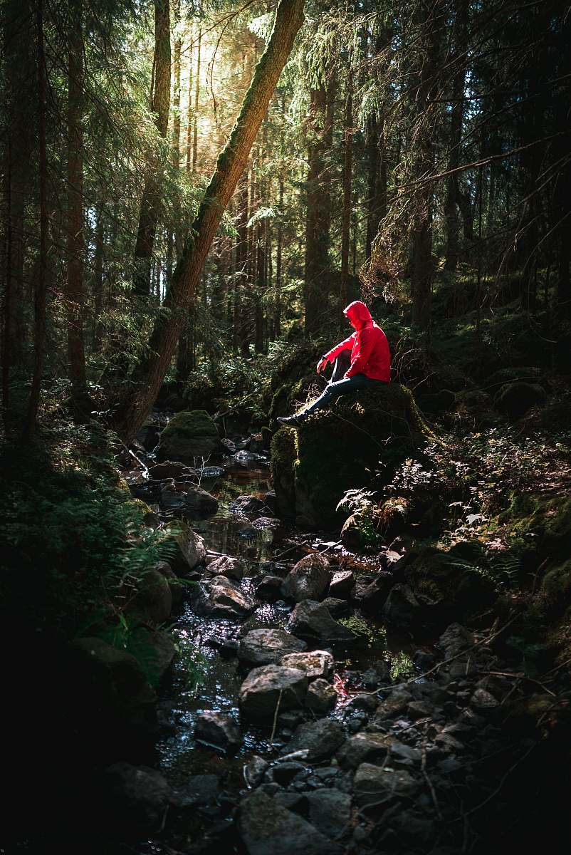 nature person sitting on rock creek