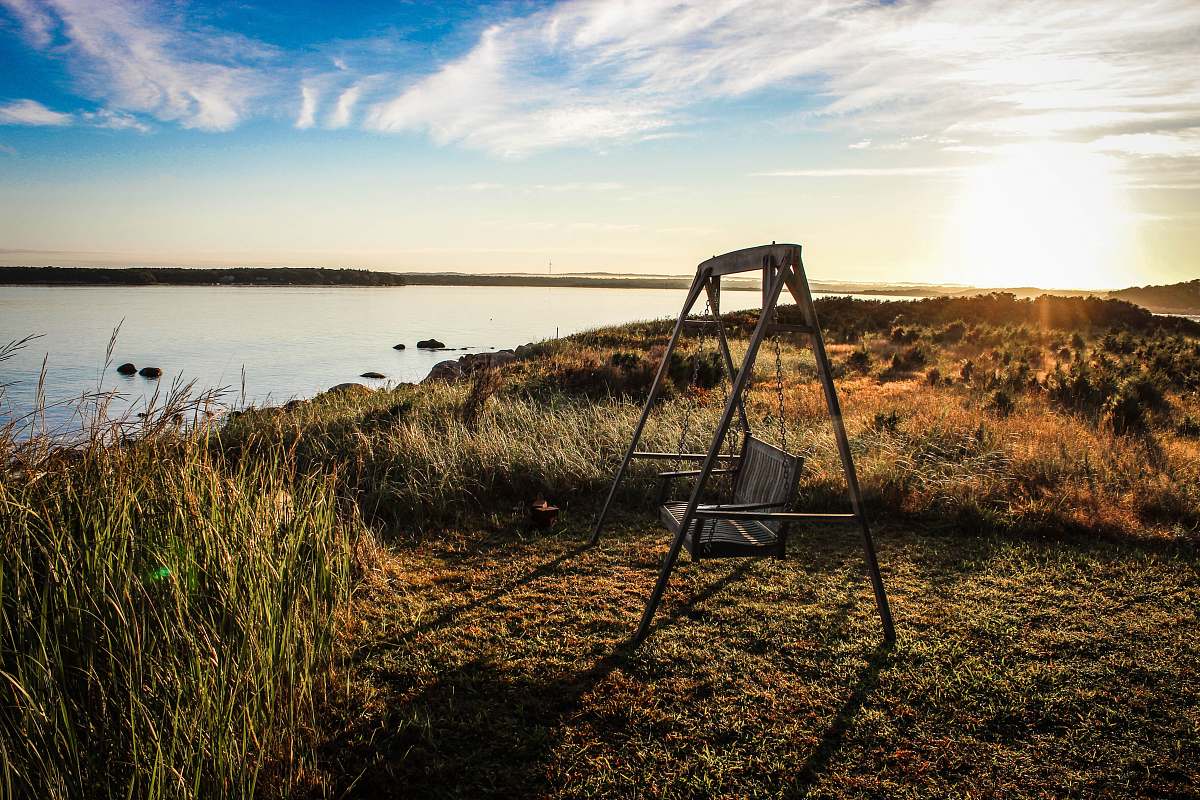 outdoors gray wooden bench swing facing body of water surrounded by grass swing