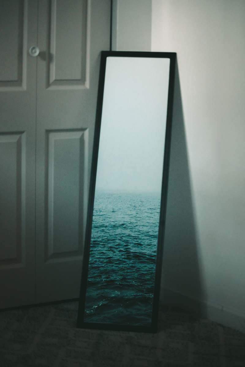 door rectangular mirror with black frame porthole