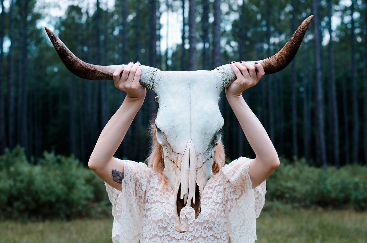 skull woman holding white and black animal skull wearing white lace floral sleeveless dress near green leaf trees trees