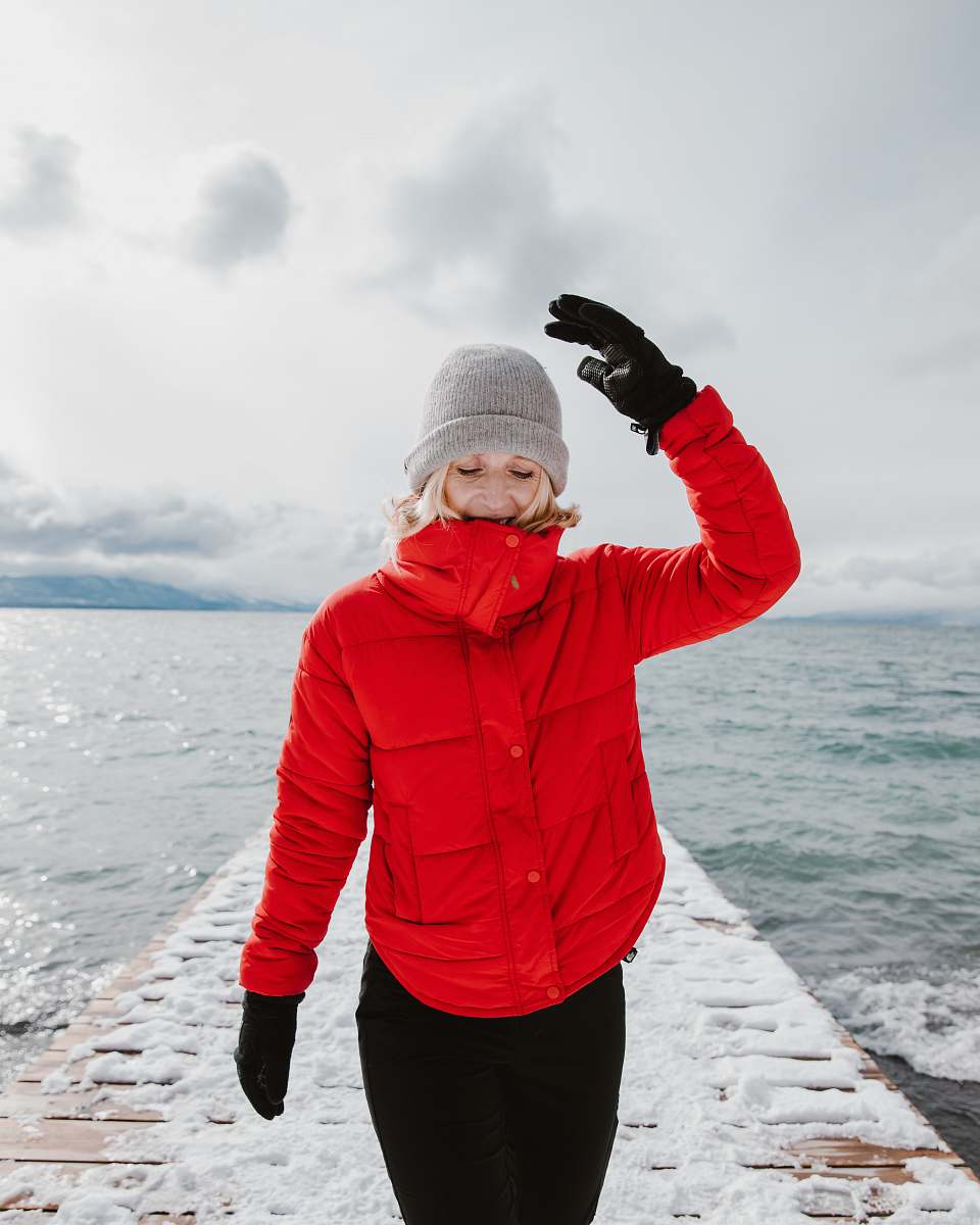 clothing woman in red bubble jacket jacket
