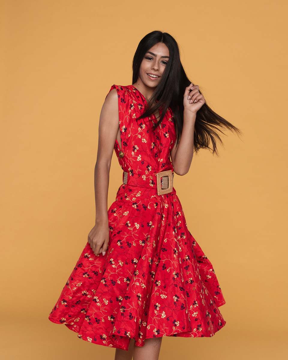 clothing woman wearing red floral sleeveless midi dress dress