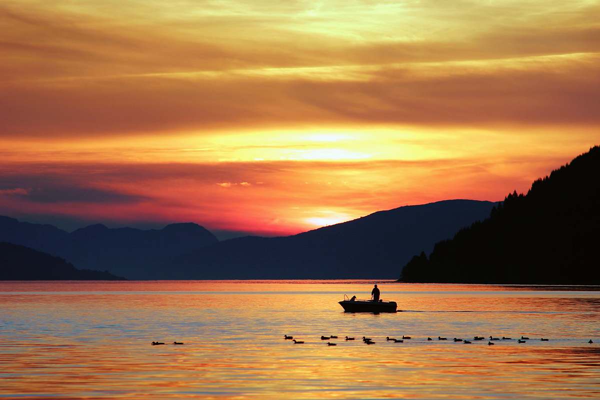 sunset silhouette photography of person standing on boat fishing