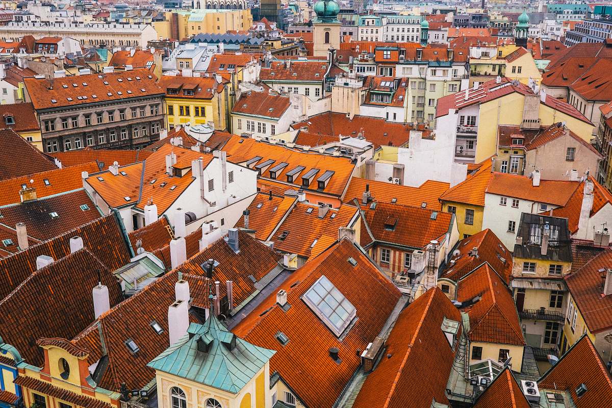 urban aerial photo of multicolored houses town