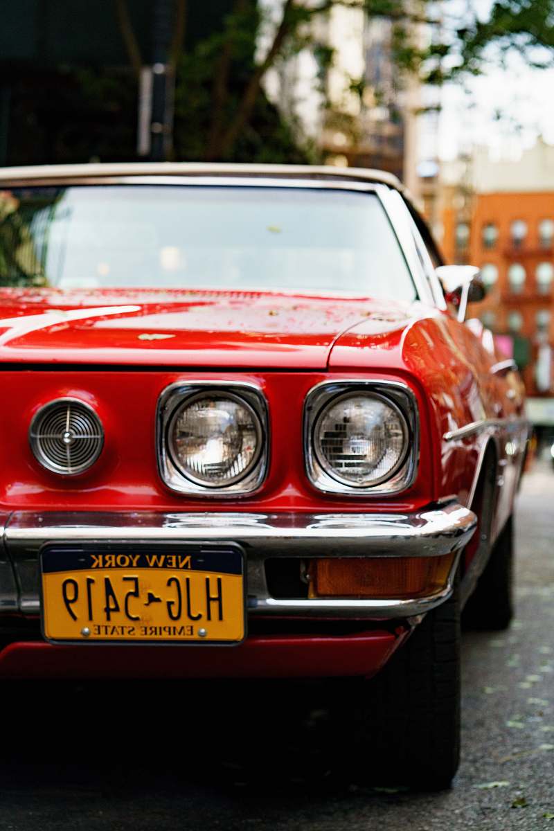 vehicle close up photo of red car with New York HJG 5419 license plate potted plant