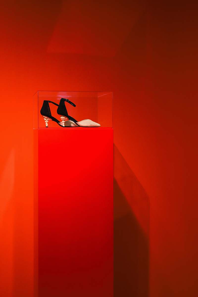 apparel black-and-brown ankle-strap heeled sandals on red and clear glass display counter footwear