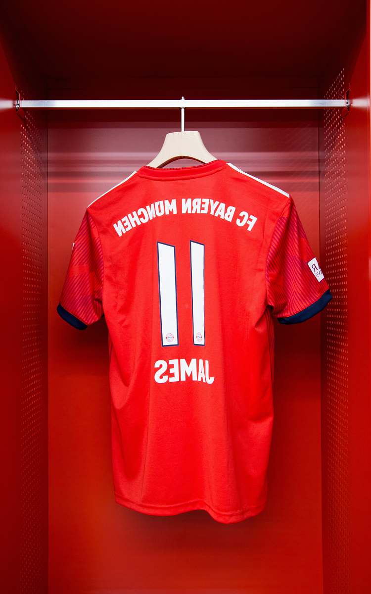 room red FC Bayern Munchen James 11 jersey indoors