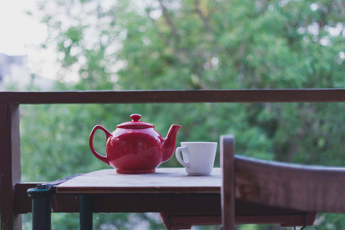 table selective focus photo of red ceramic teapot and white ceramic teacup on brown wooden table near tree during daytime teapot