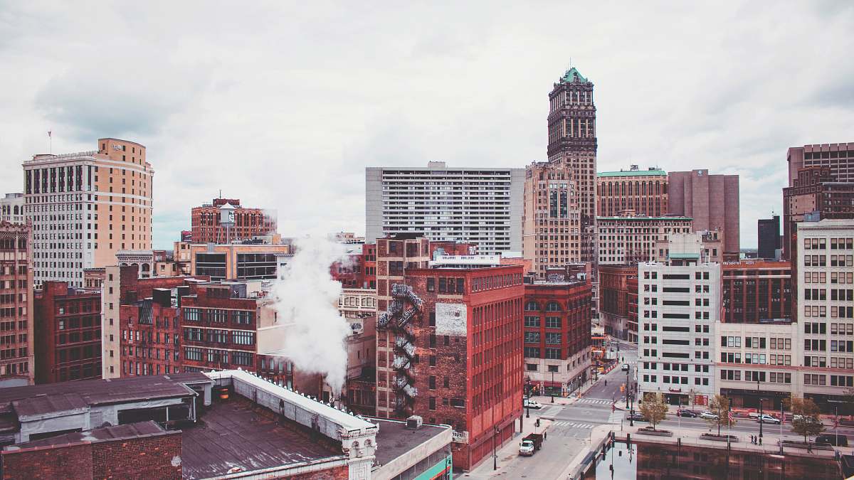 city high angle view of high rise buildings downtown