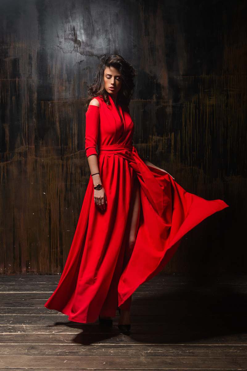 apparel woman wearing red 3/4-sleeved dress clothing