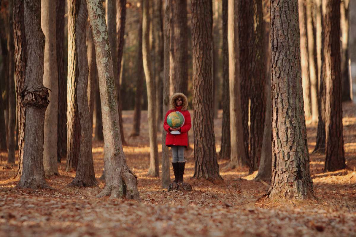 tree girl holding map scale surround by trees forest
