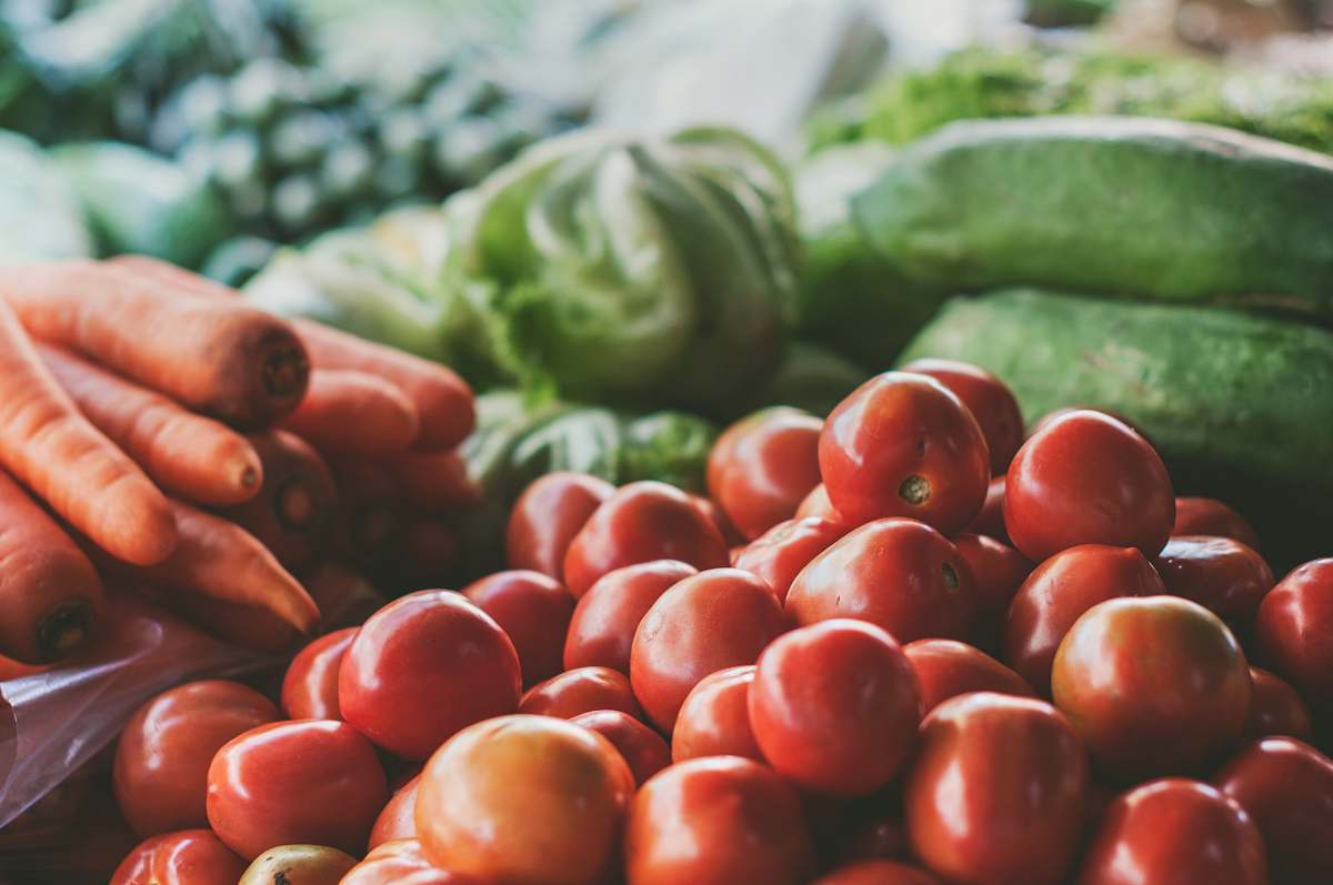 vegetable red tomato beside pile of orange carrots close-up photo vegetables