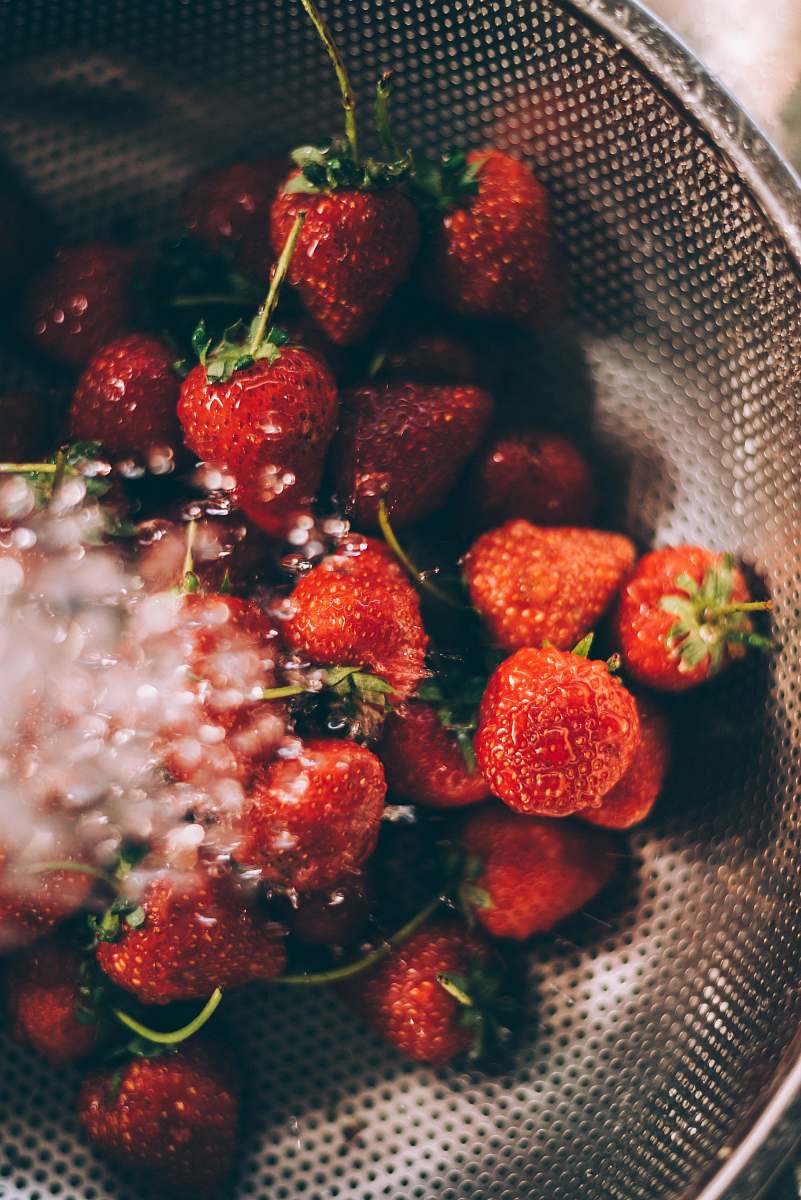 food ripe strawberries on gray steel strainer strawberry