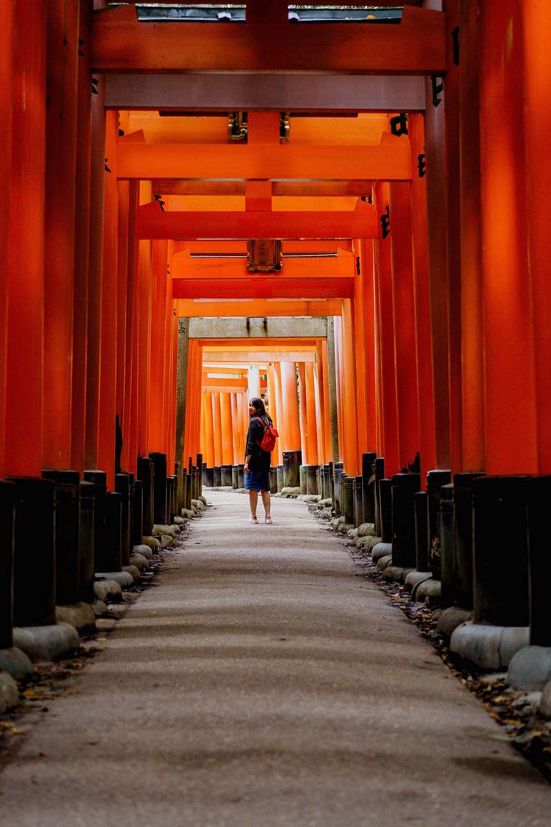 torii woman under red and black shrine japan