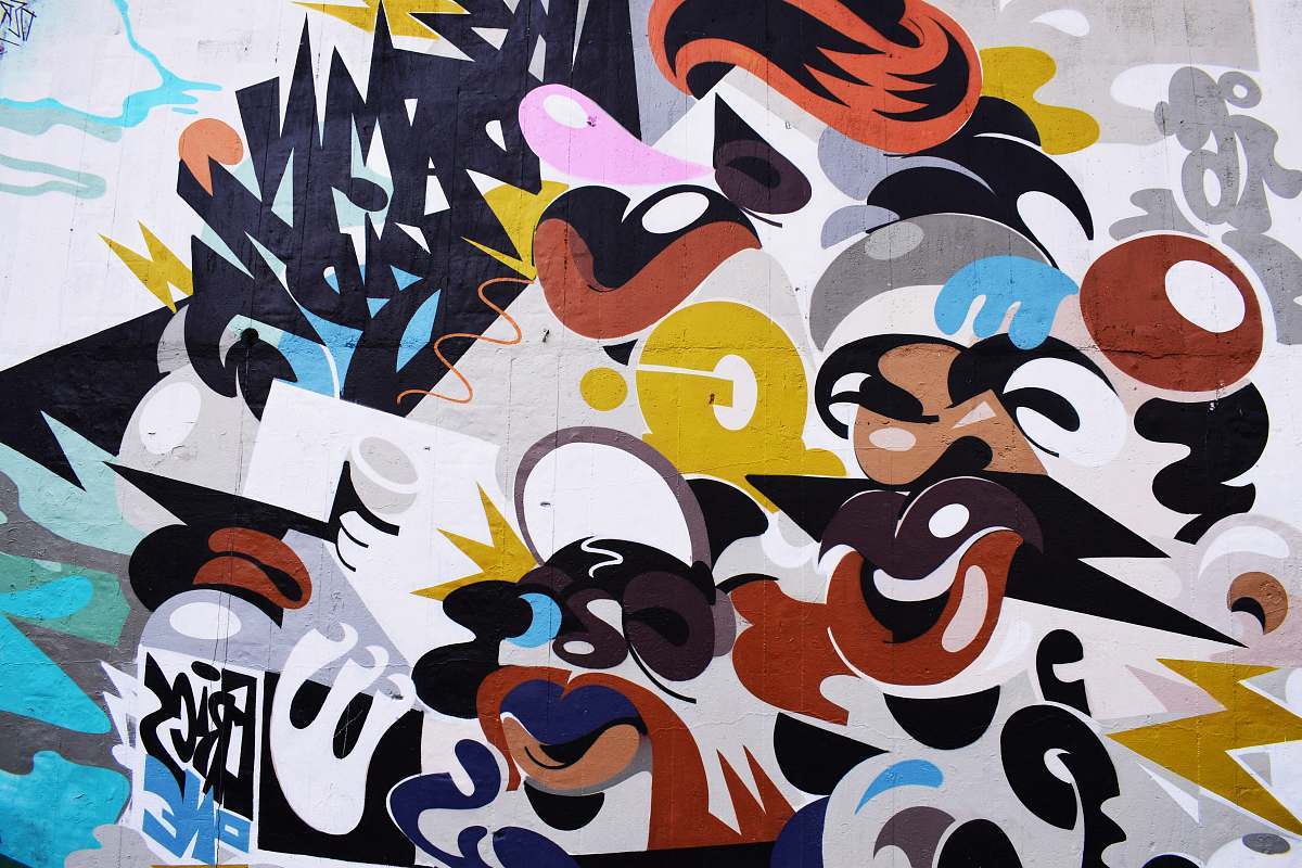 art blue, black, and white graffiti artwork mural