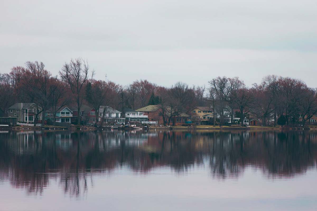 trees houses near lake during daytime building