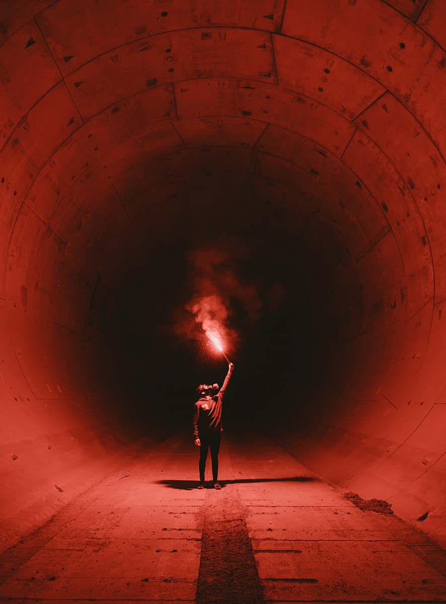 Person Man Wearing Gas Mask Holding Torch Inside Tunnel Tunnel Image ...