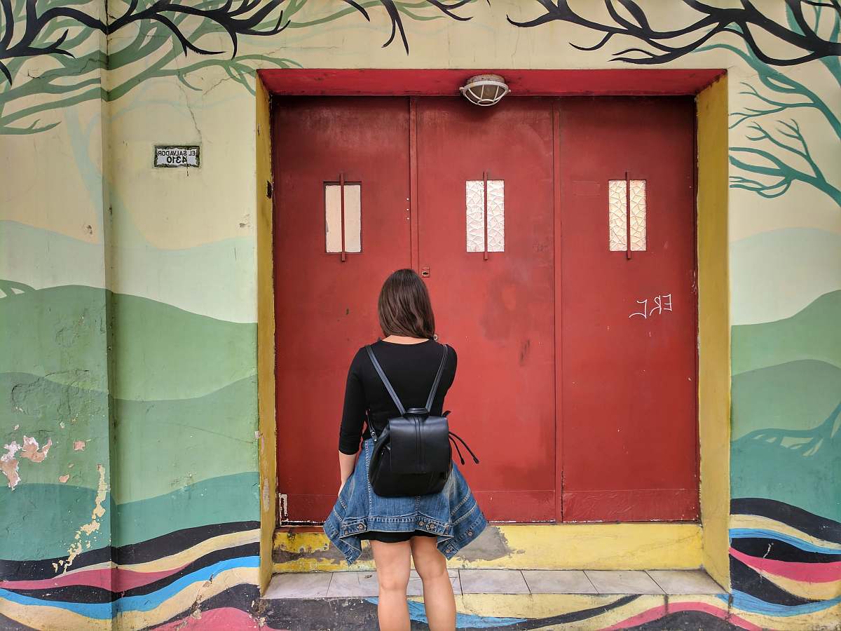 person woman facing wooden door people