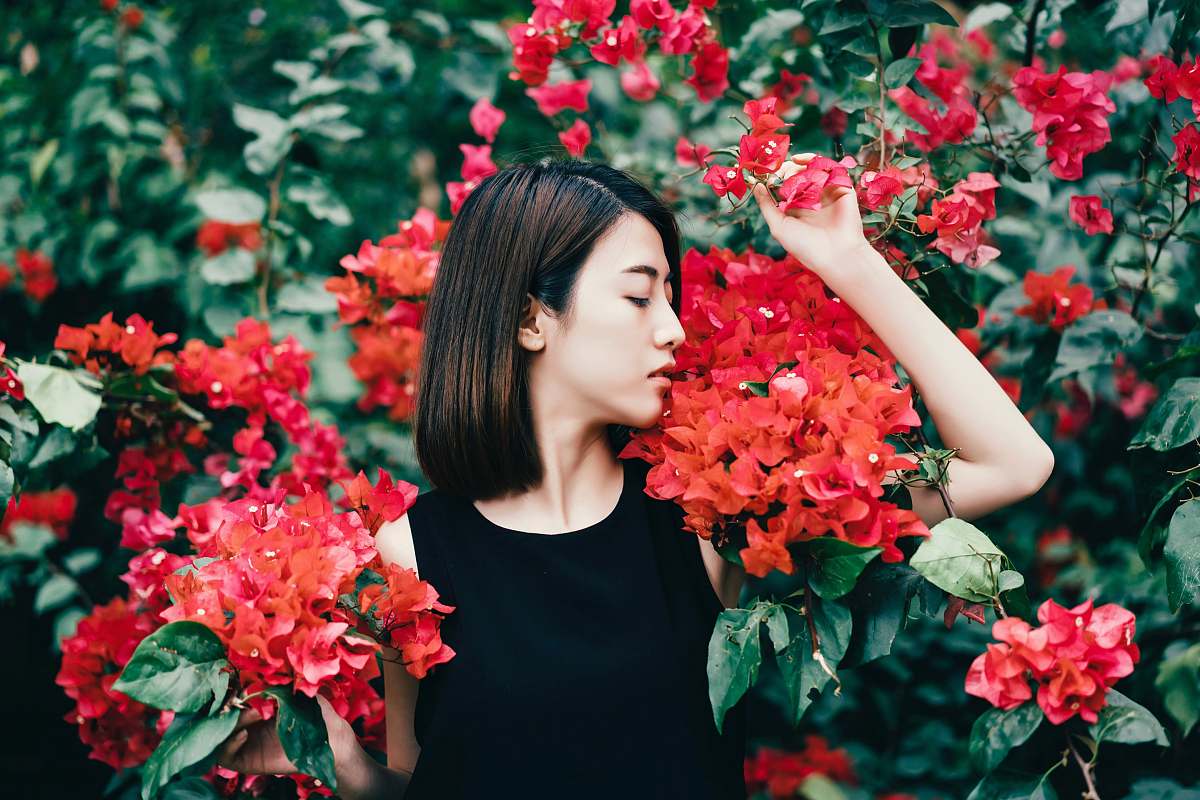 person woman surrounded by pink flowers people