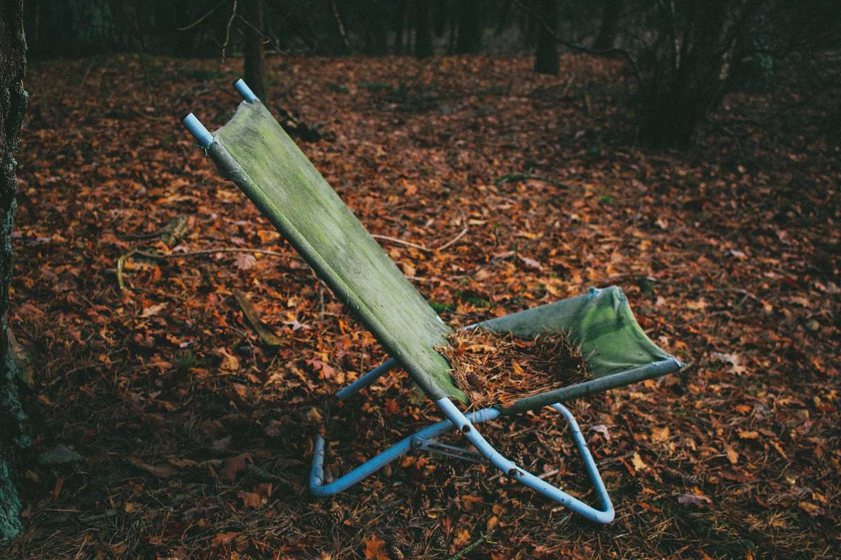 chair folding lounger on dried leaves forest