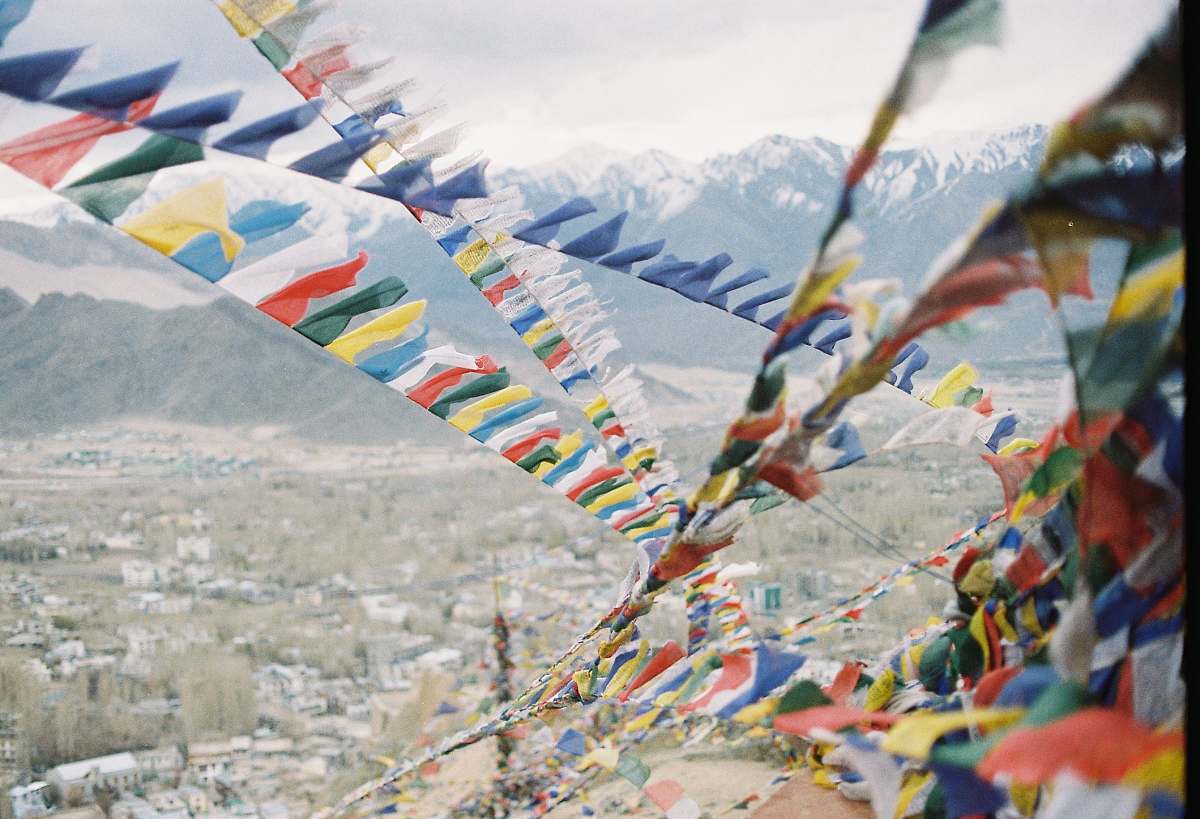 flag multicolored buntings in closeup shot mountain
