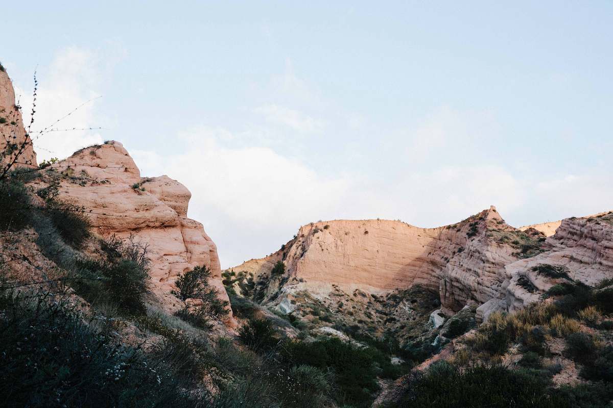 desert brown rock formation with green bushes landscape